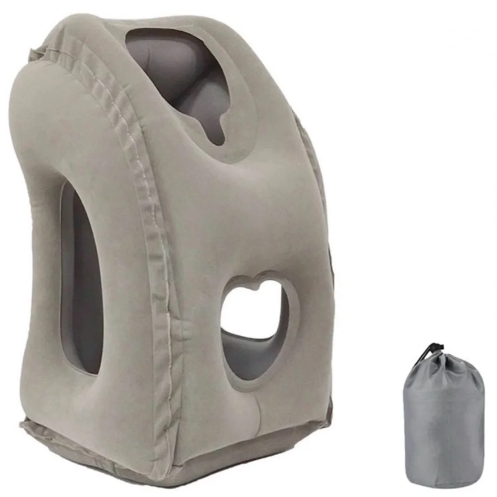 Large Gray Inflatable Travel Pillow with Carry Bag
